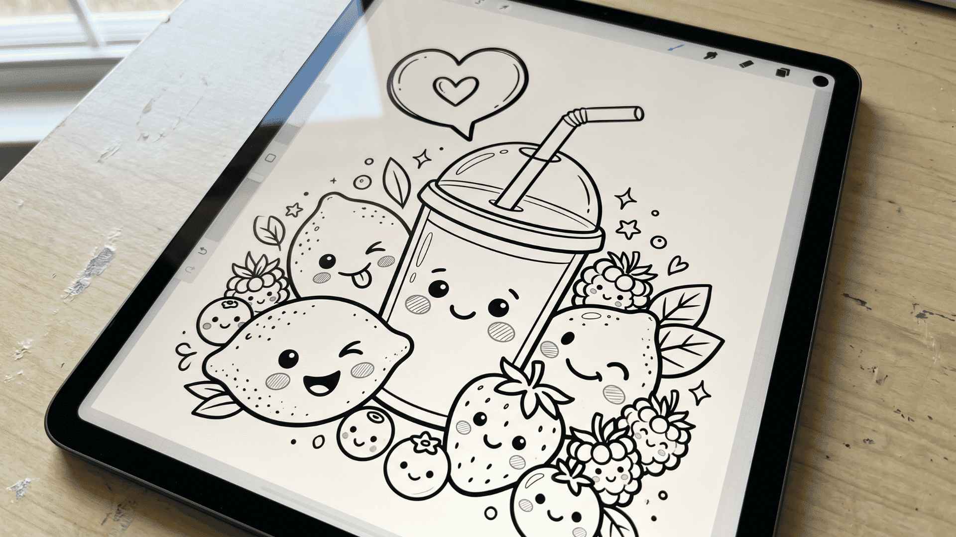 Digital tablet drawing of cute fruit characters and a drink cup.