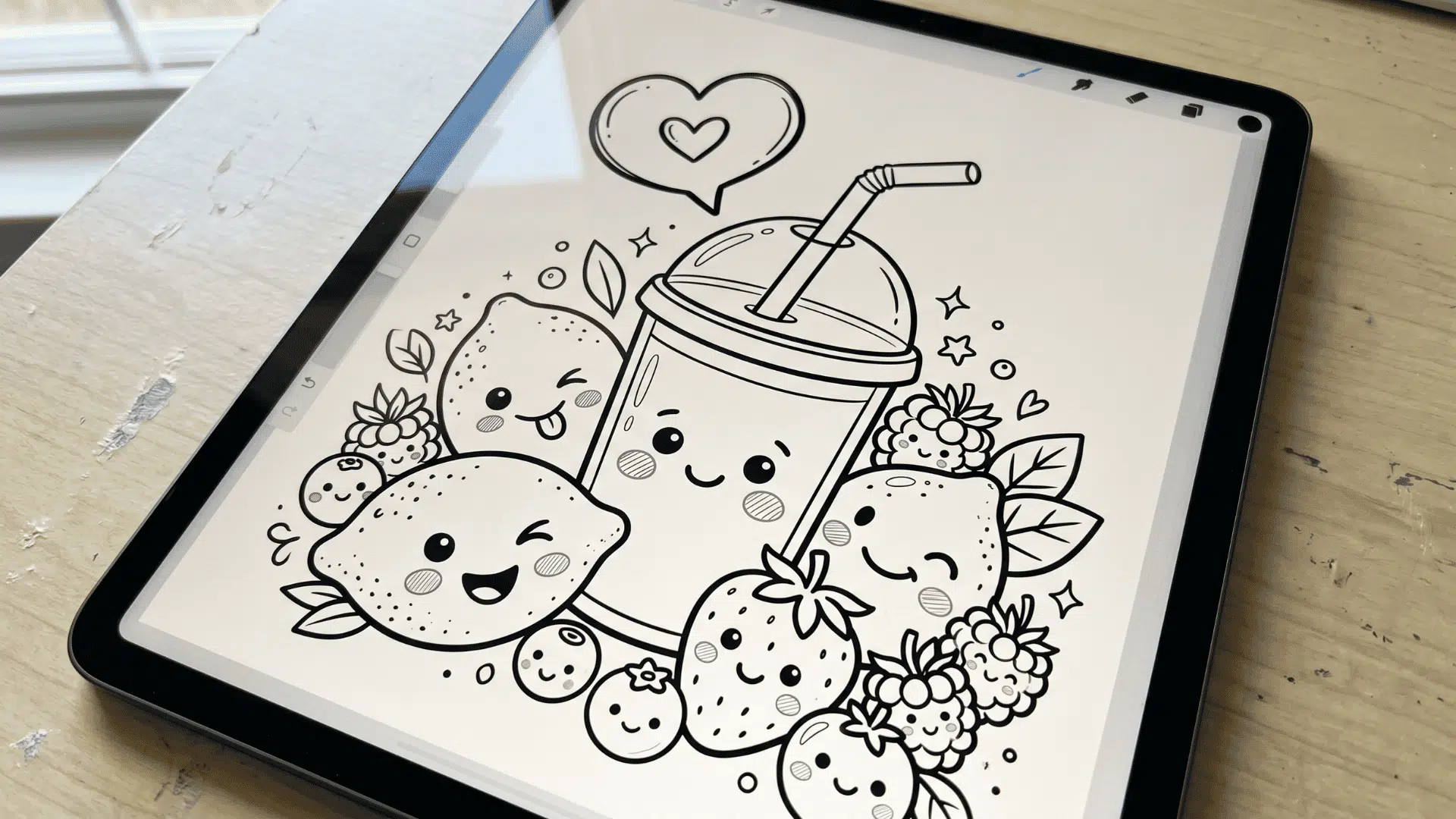 Digital tablet drawing of cute fruit characters and a drink cup.