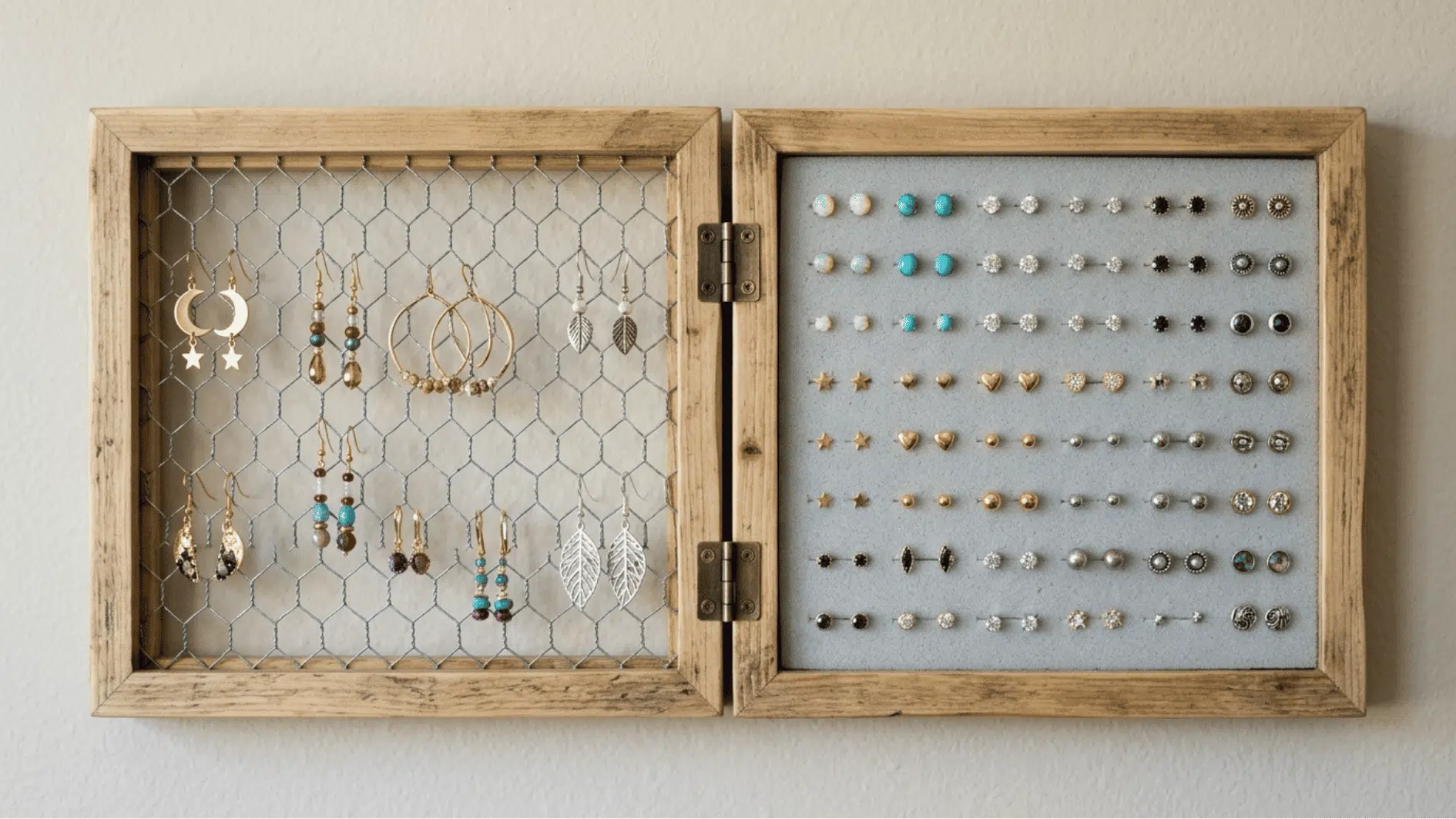 diy earring holder with mesh for dangles and foam for studs