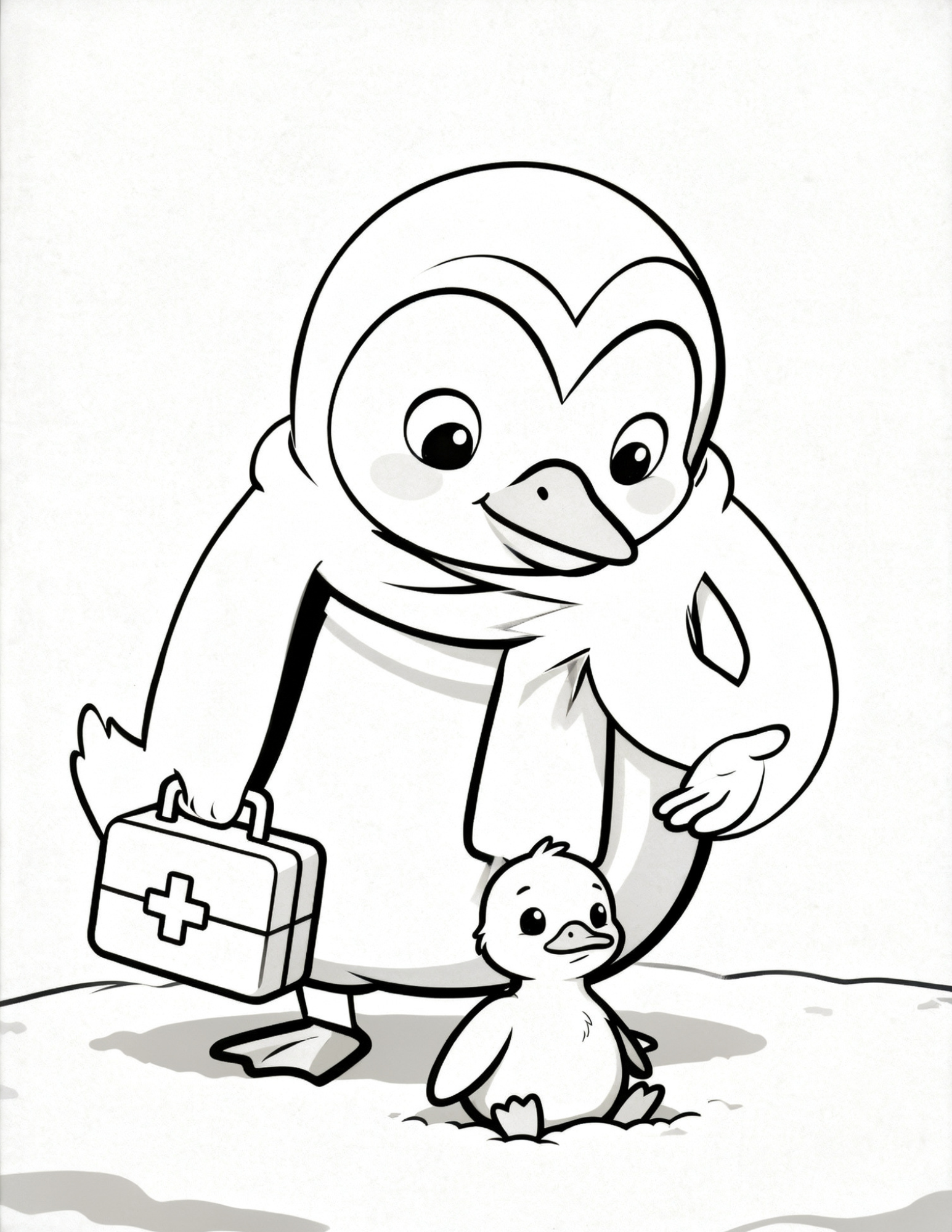 doctor penguin helping injured friend caring scene coloring page outline