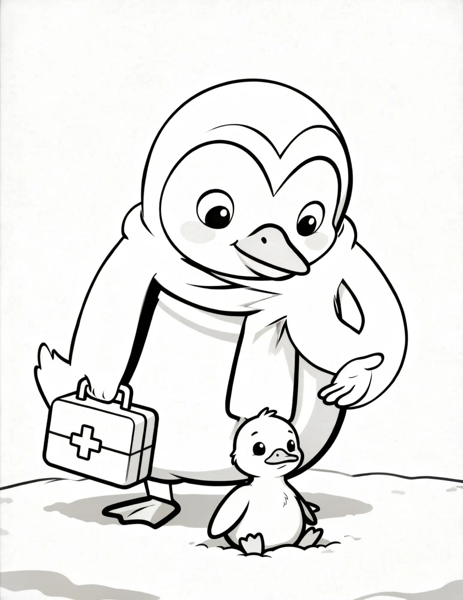 doctor penguin helping injured friend caring scene coloring page outline