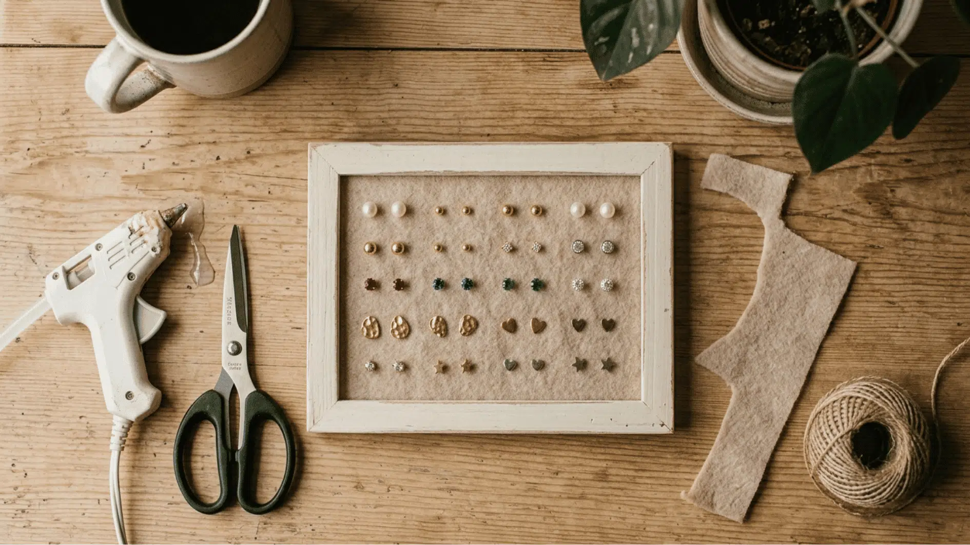dollar store picture frame with felt backing used to hold stud earrings pushed into place