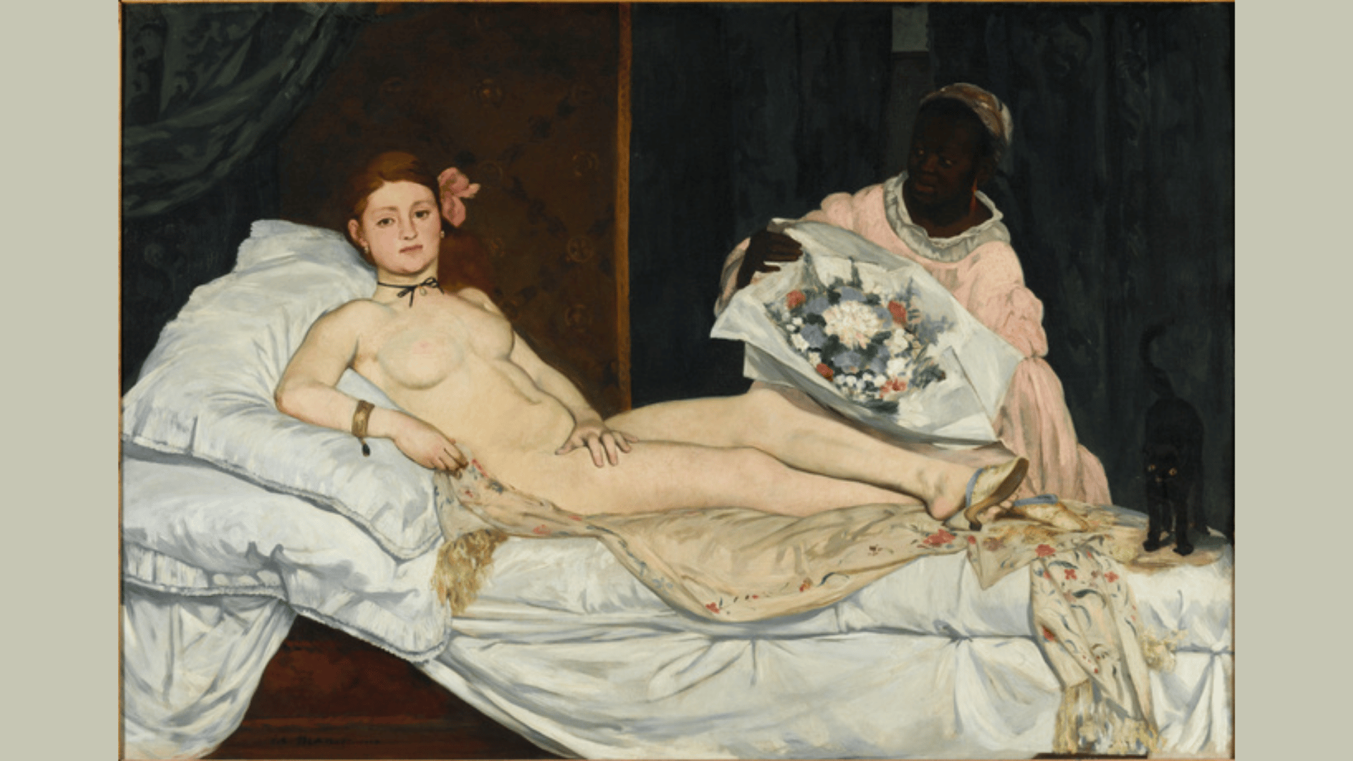 édouard manet's olympia showing a reclining woman on a bed as a servant approaches with a bouquet of flowers