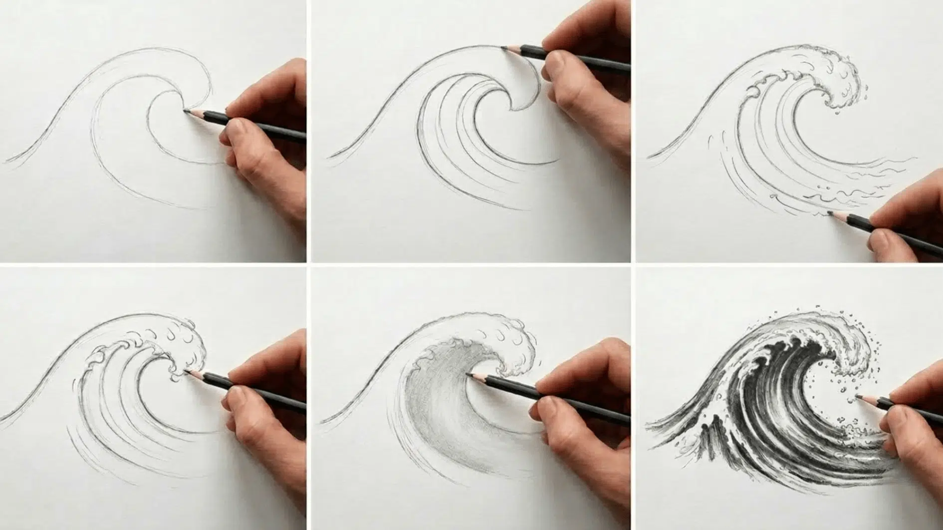 hand drawing an ocean wave in six progressive graphite sketching steps