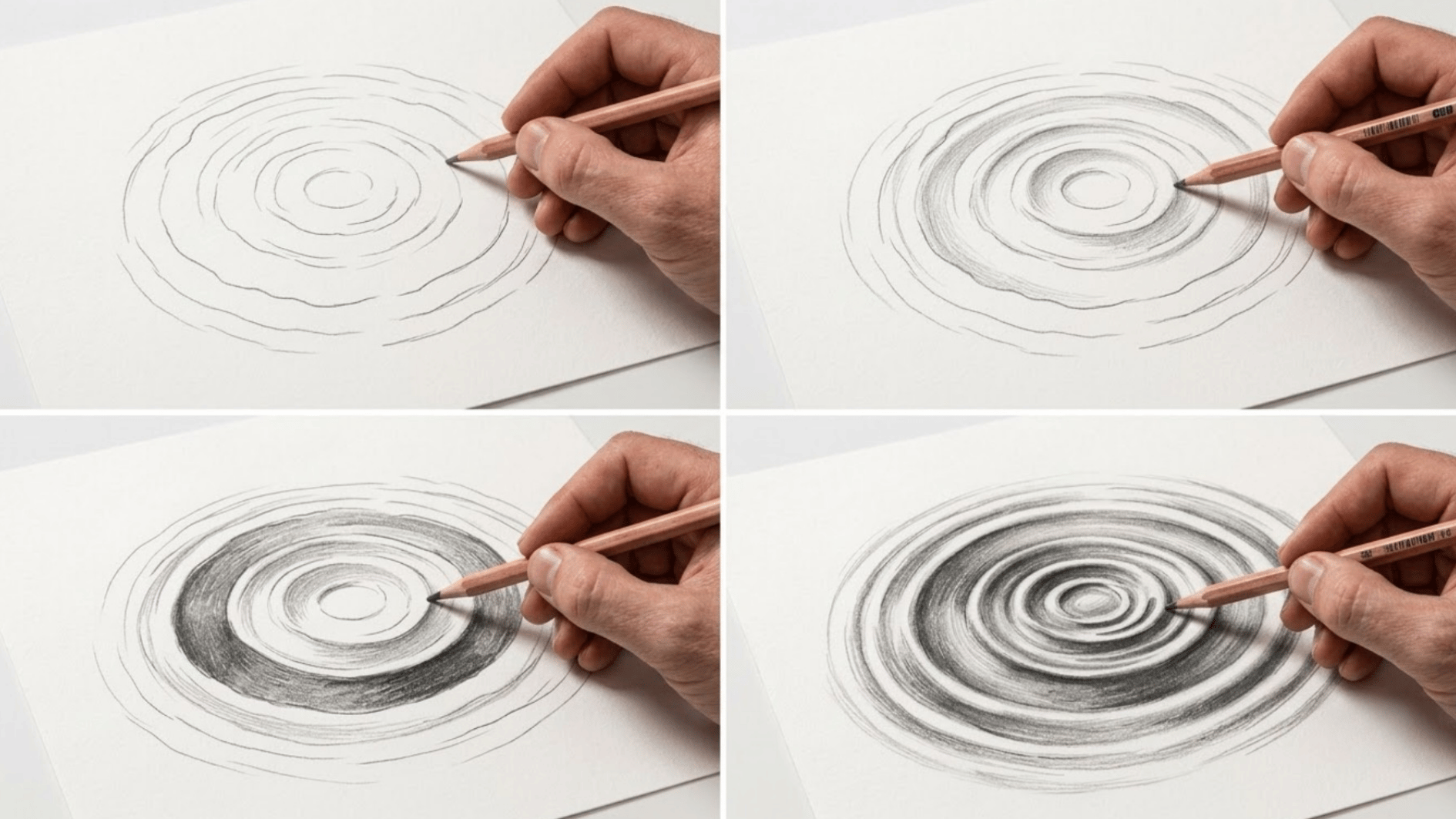 hand drawing water ripples in four progressive graphite sketching steps