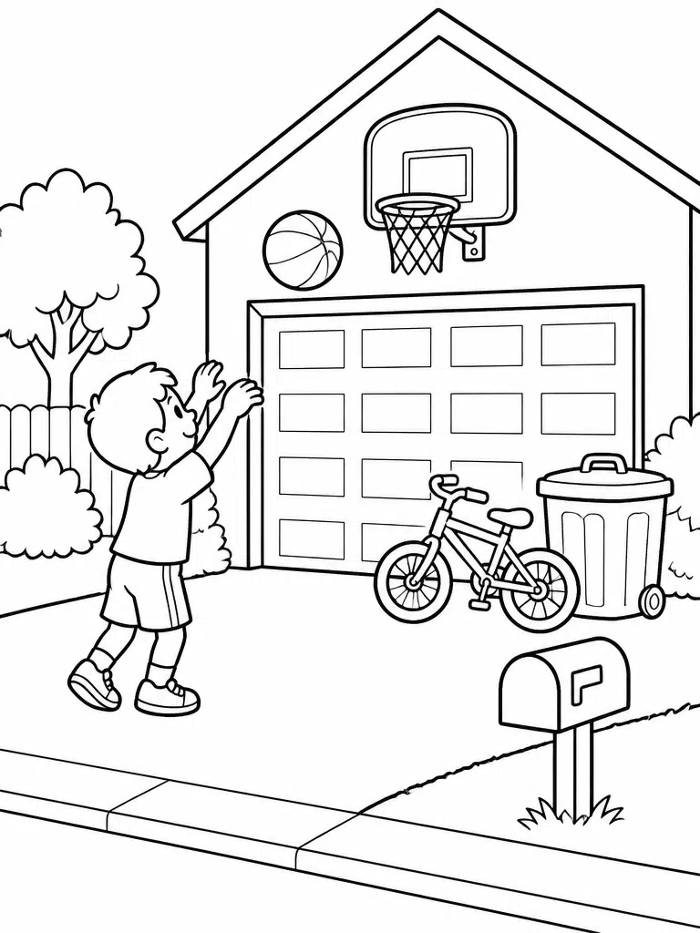 Driveway basketball hoop coloring page with a kid shooting at a garage