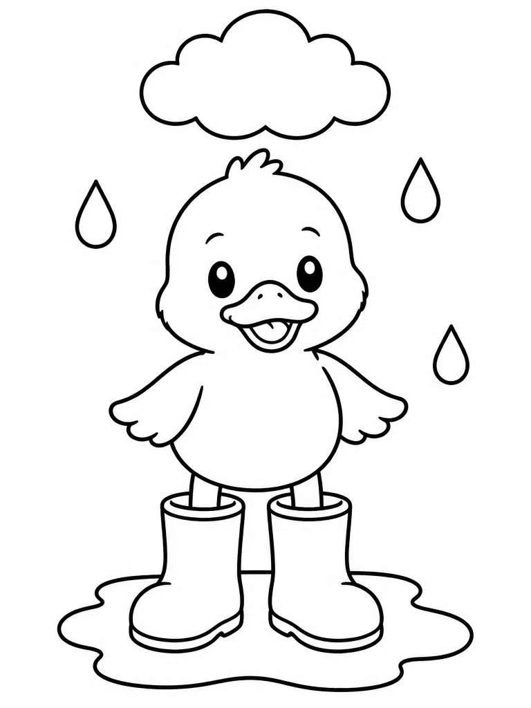 cheerful duckling wearing oversized boots beside a rain puddle