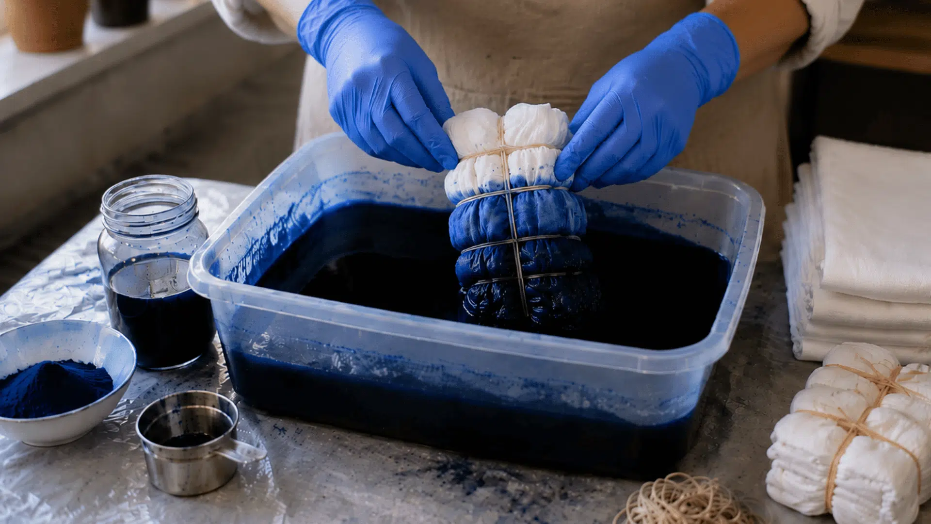 hands dipping tied fabric into blue dye bath during a shibori dyeing project at home