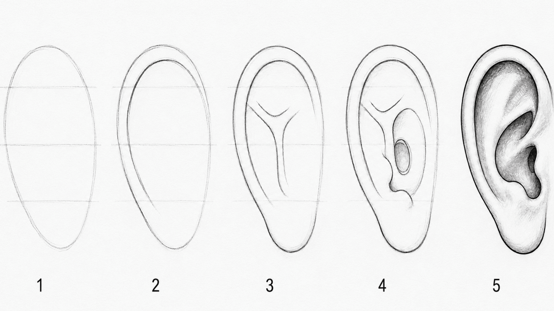 step by step ear drawing collage showing five stages from rough oval guide to fully inked realistic ear