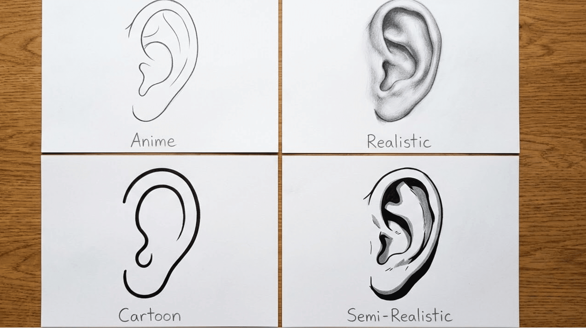 four panel collage comparing anime, realistic, cartoon, and semi-realistic ear drawing styles