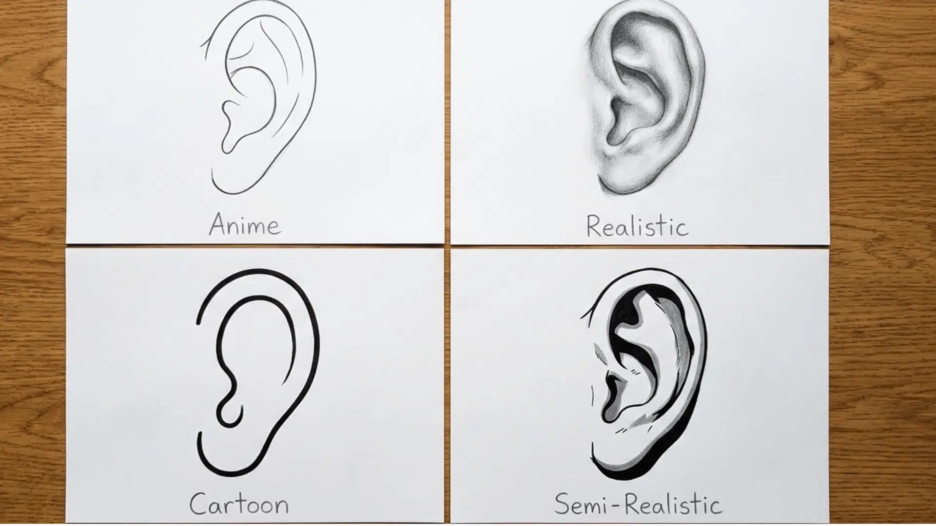 four panel collage comparing anime, realistic, cartoon, and semi-realistic ear drawing styles