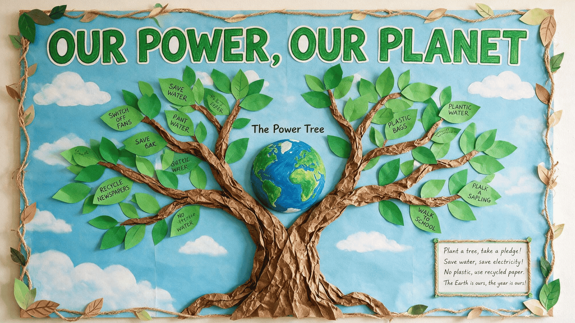 earth day bulletin board with a paper tree, globe, and student-written leaves sharing ways to protect the planet