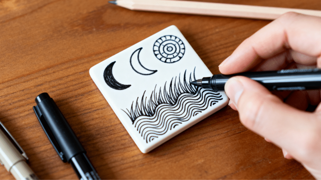 hand drawing zentangle patterns with black pen on white paper tile