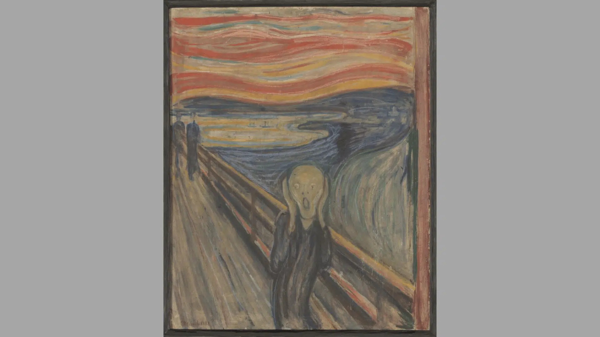 edvard munch's the scream showing a distressed figure beneath a wavy red sky beside a dark fjord