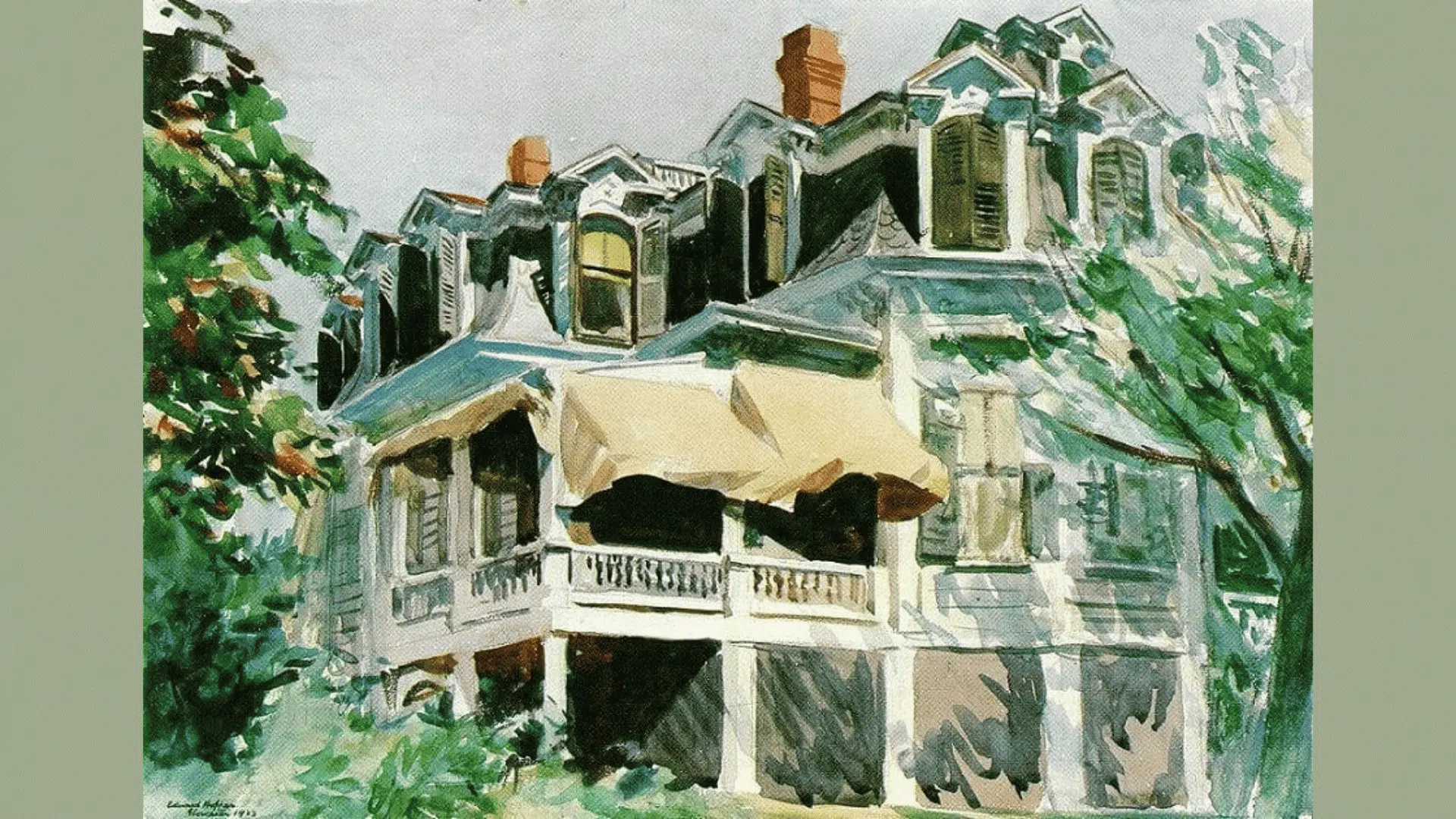 edward hopper's the mansard roof showing a sunlit house with a steep roof beneath a clear blue gloucester sky