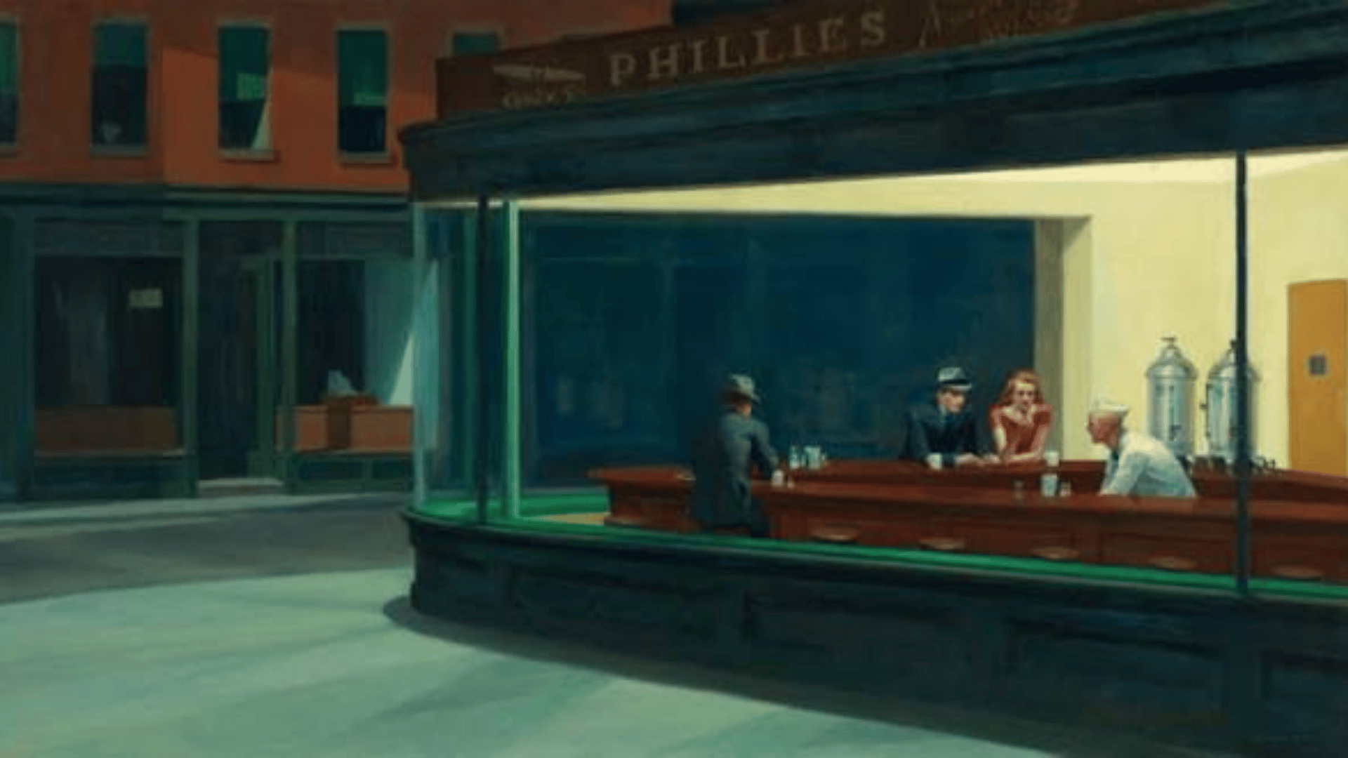 edward hopper's nighthawks showing four people inside a brightly lit diner on a quiet city street at night