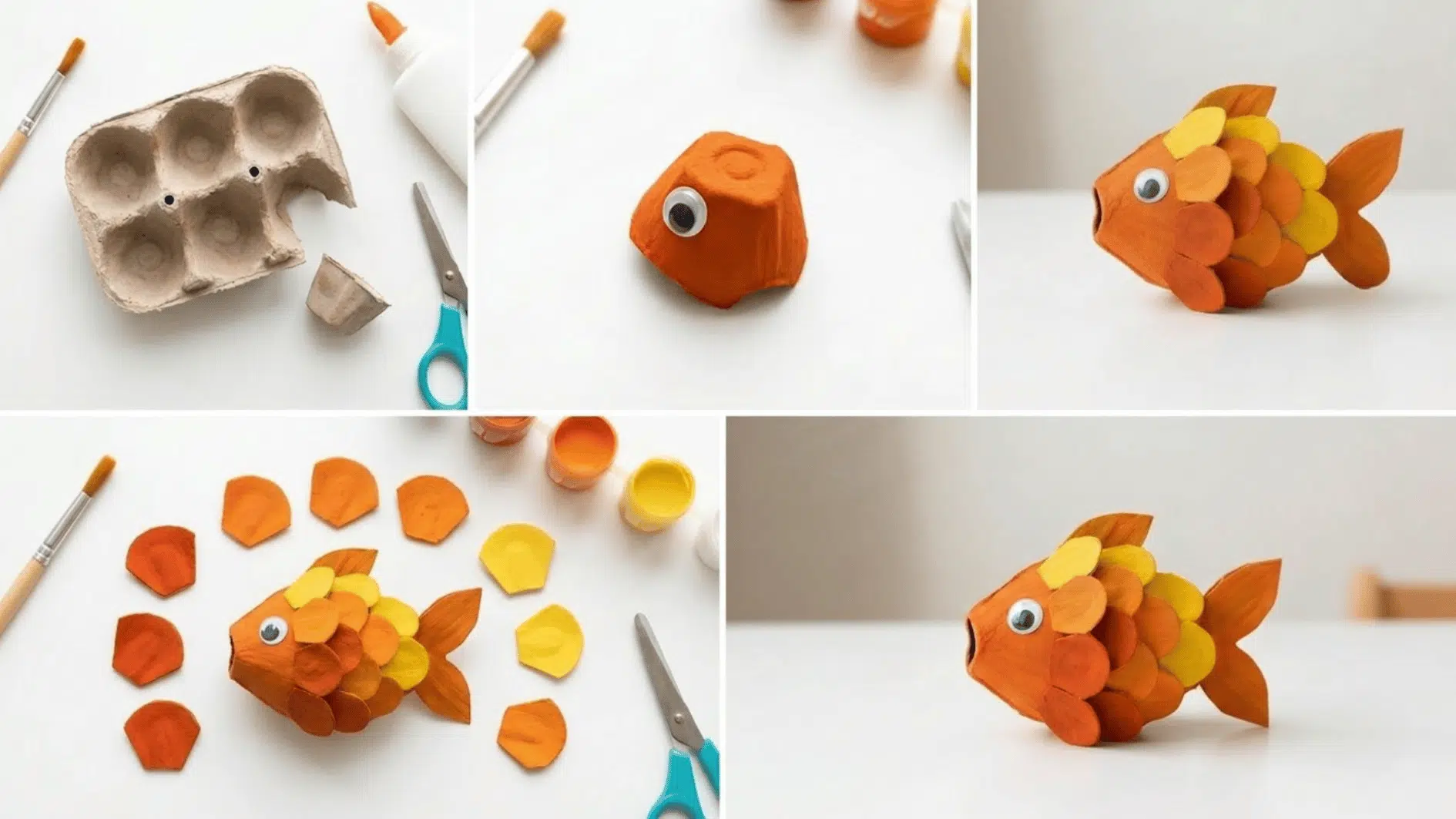 egg carton steps: cutting the cup, painting it orange, adding scale layers, finished fish