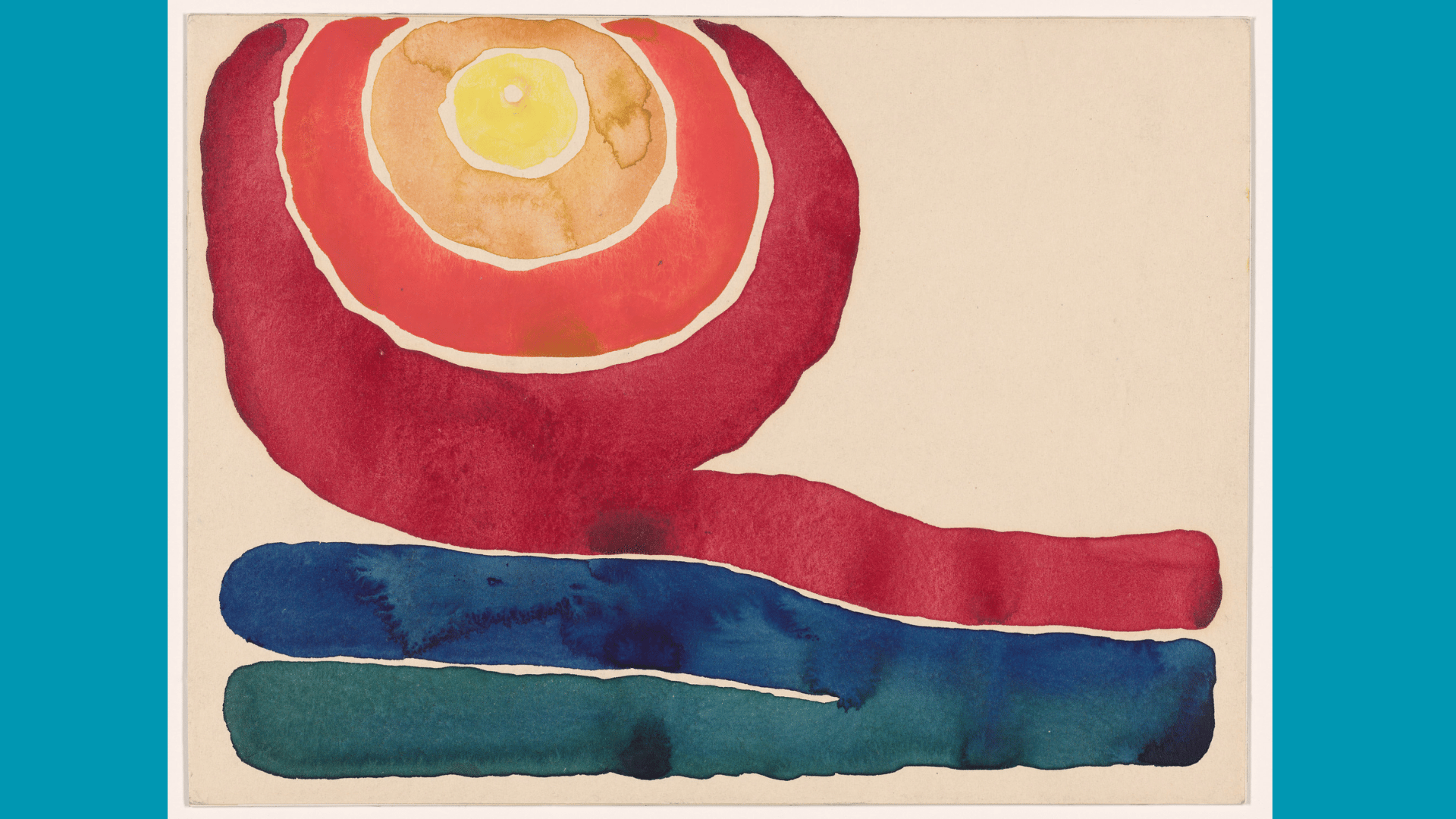 georgia o'keeffe's evening star no ii showing a white star above soft bands of red, orange, yellow, and blue