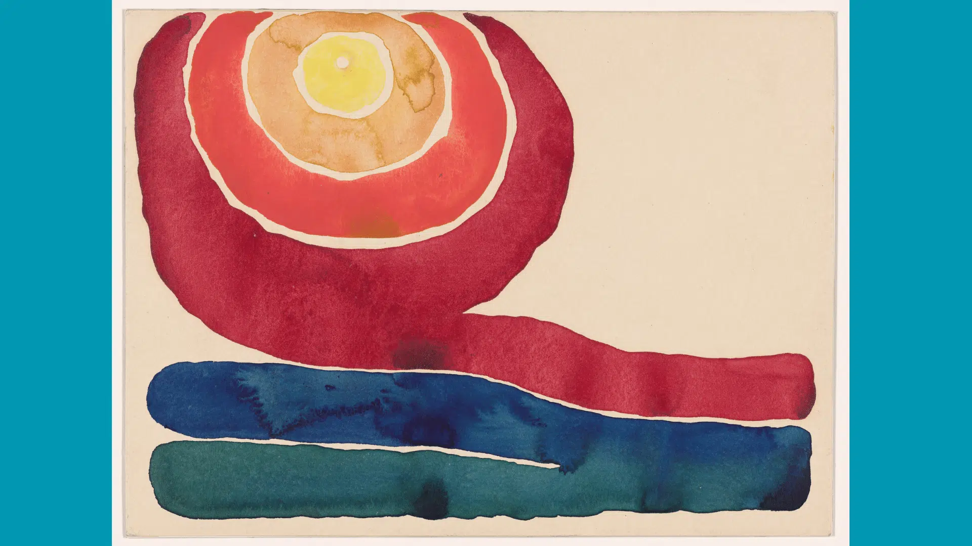 georgia o'keeffe's evening star no ii showing a white star above soft bands of red, orange, yellow, and blue