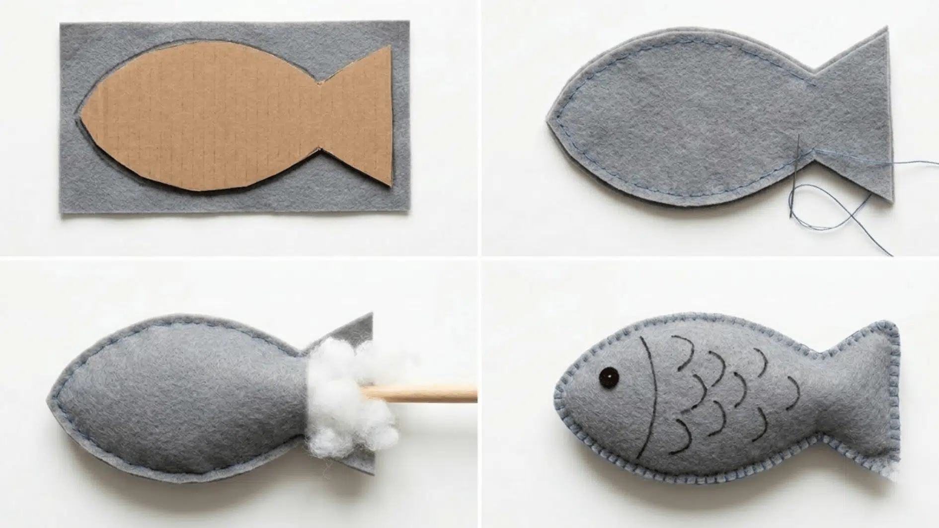 four step felt fish sewing craft showing the template, stitched fabric pieces, added stuffing, and finished fish toy