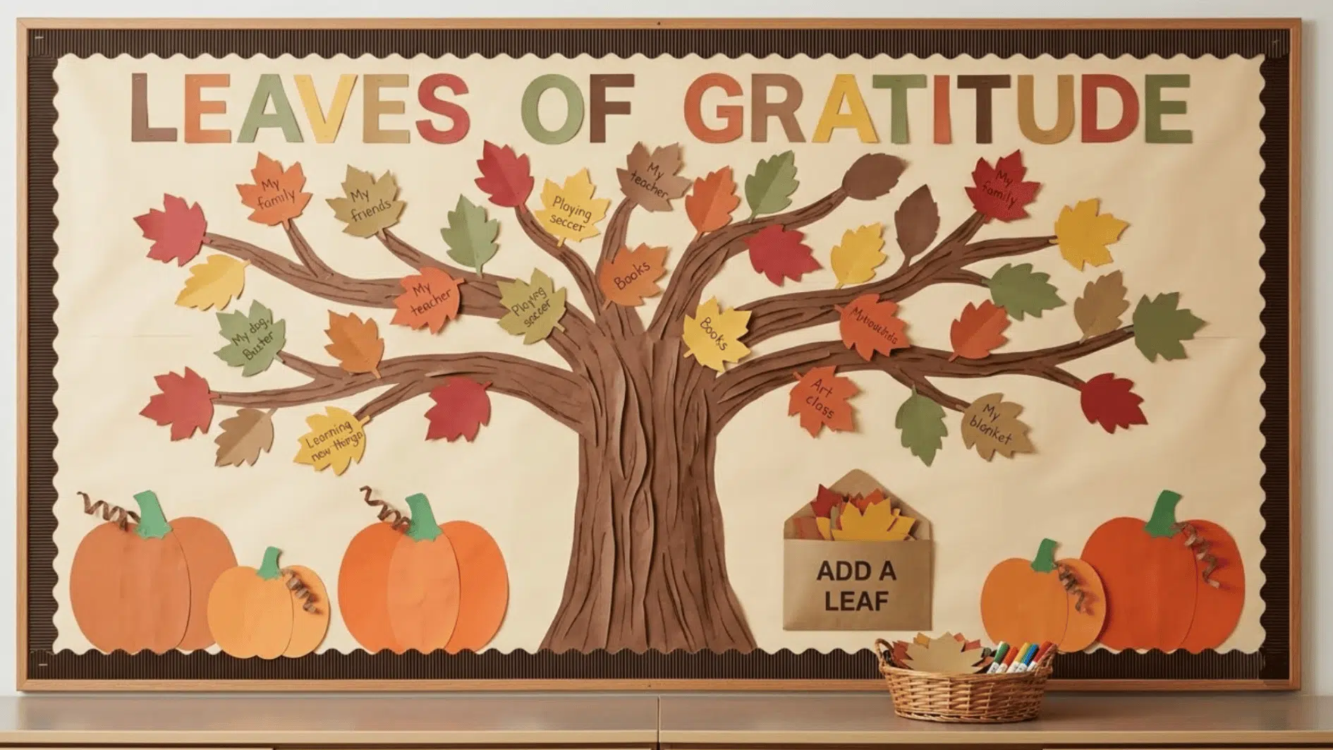 fall gratitude bulletin board with a paper tree, student-written leaves, pumpkins, and a pocket for adding new responses