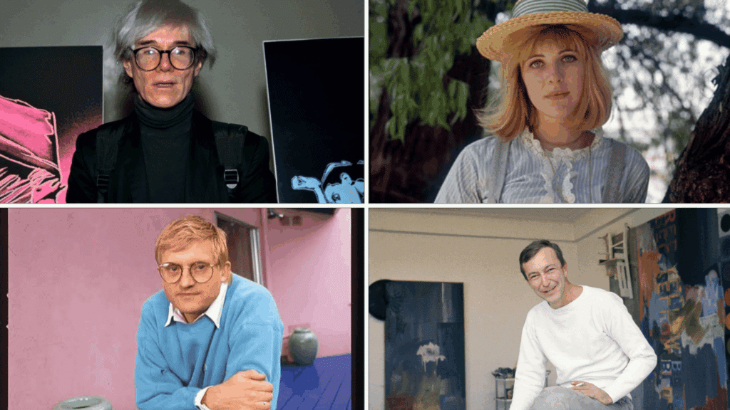 a grid showing four color portraits of famous artists, including Andy Warhol, David Hockney, and Jasper Johns