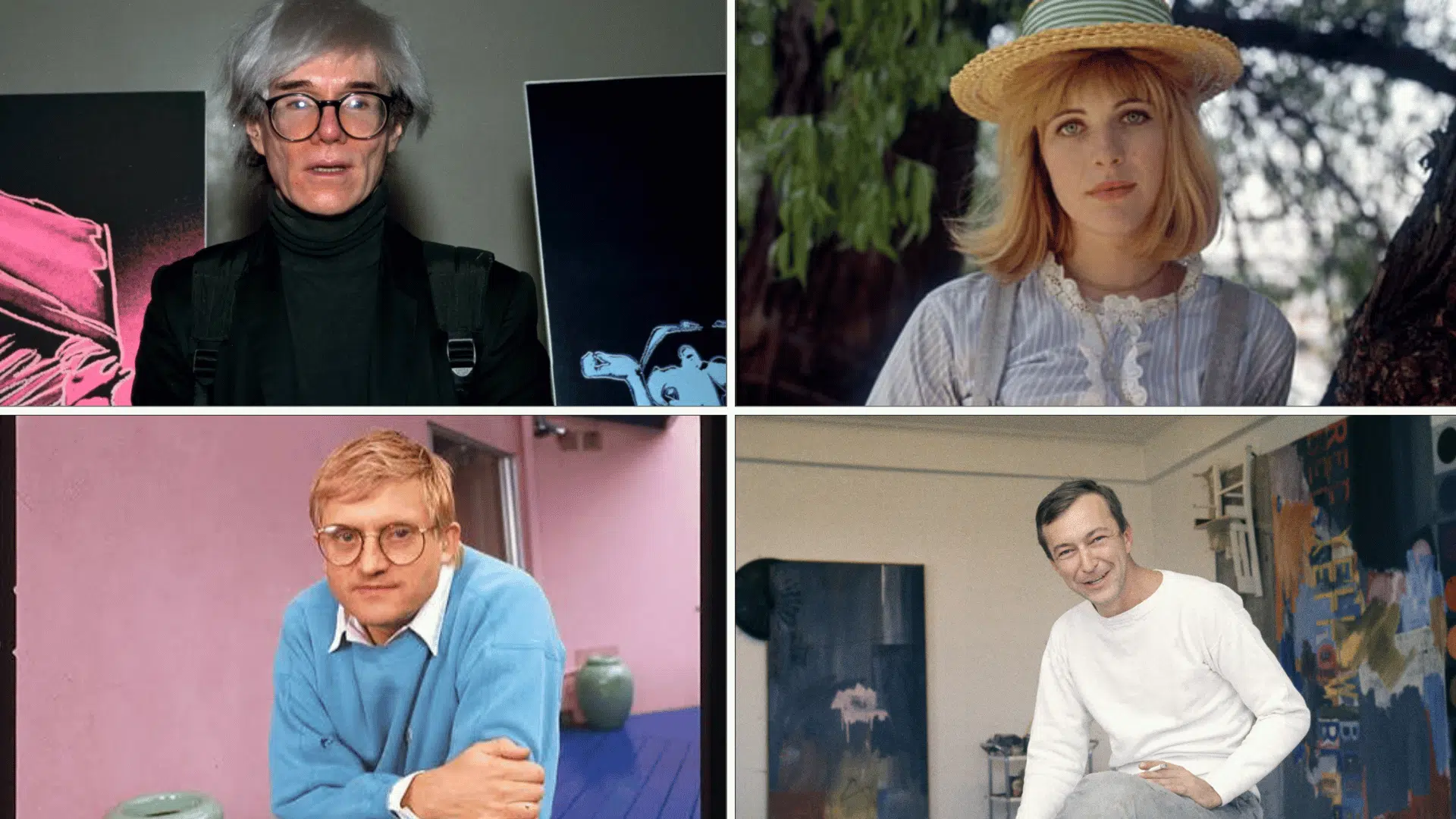 a grid showing four color portraits of famous artists, including Andy Warhol, David Hockney, and Jasper Johns