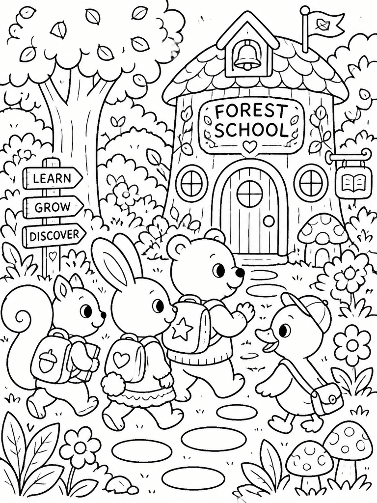 Fantasy friends walking toward a lantern-lit forest school with bridges, books, trees, and clouds.