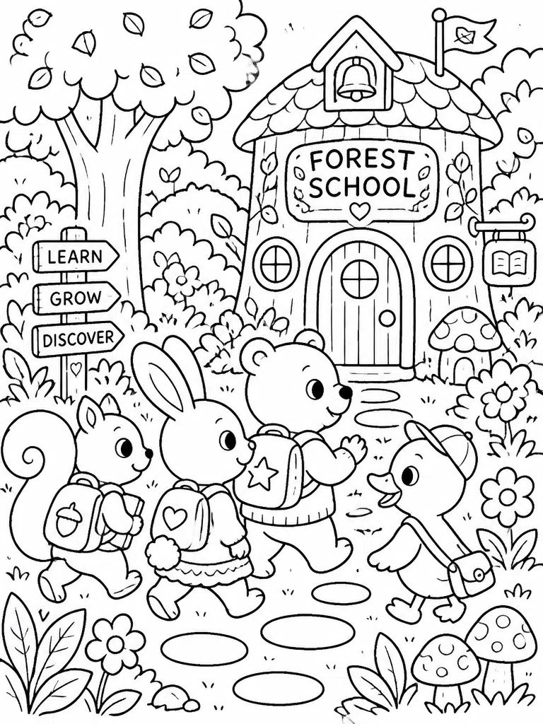 Fantasy friends walking toward a lantern-lit forest school with bridges, books, trees, and clouds.