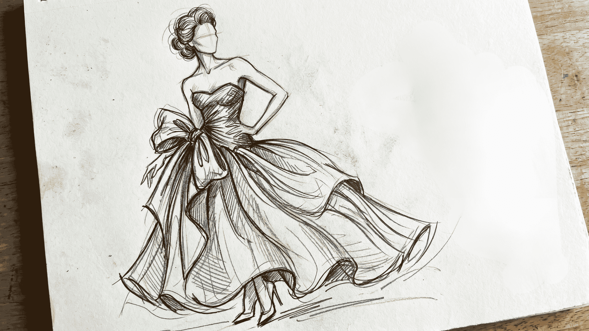Fashion illustration sketch of a flowing gown with bow detail.