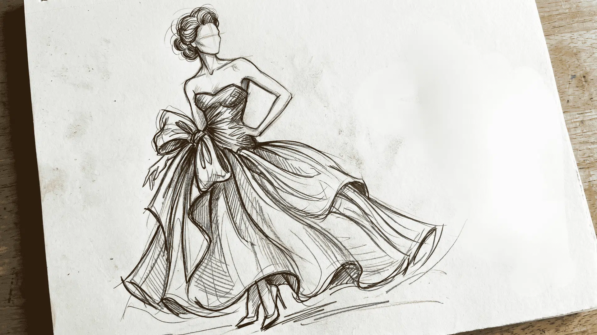 Fashion illustration sketch of a flowing gown with bow detail.