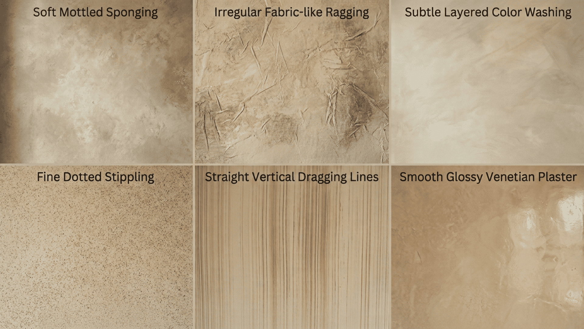 A grid showing 6 wall faux finishes: sponging, ragging, color washing, stippling, dragging lines, glossy Venetian plaster.