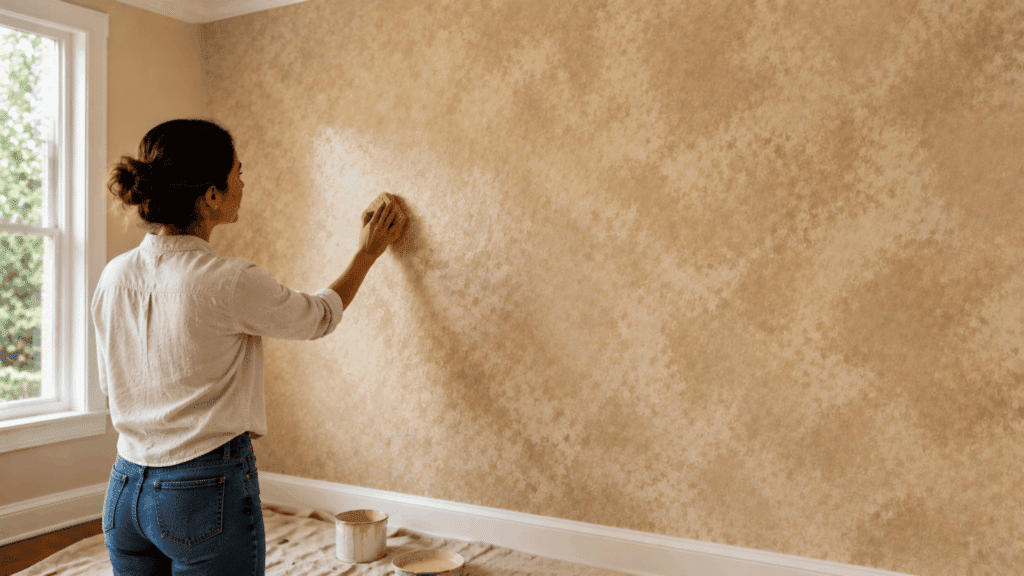 Woman applying a warm beige sponged faux finish to an interior wall in a bright room.