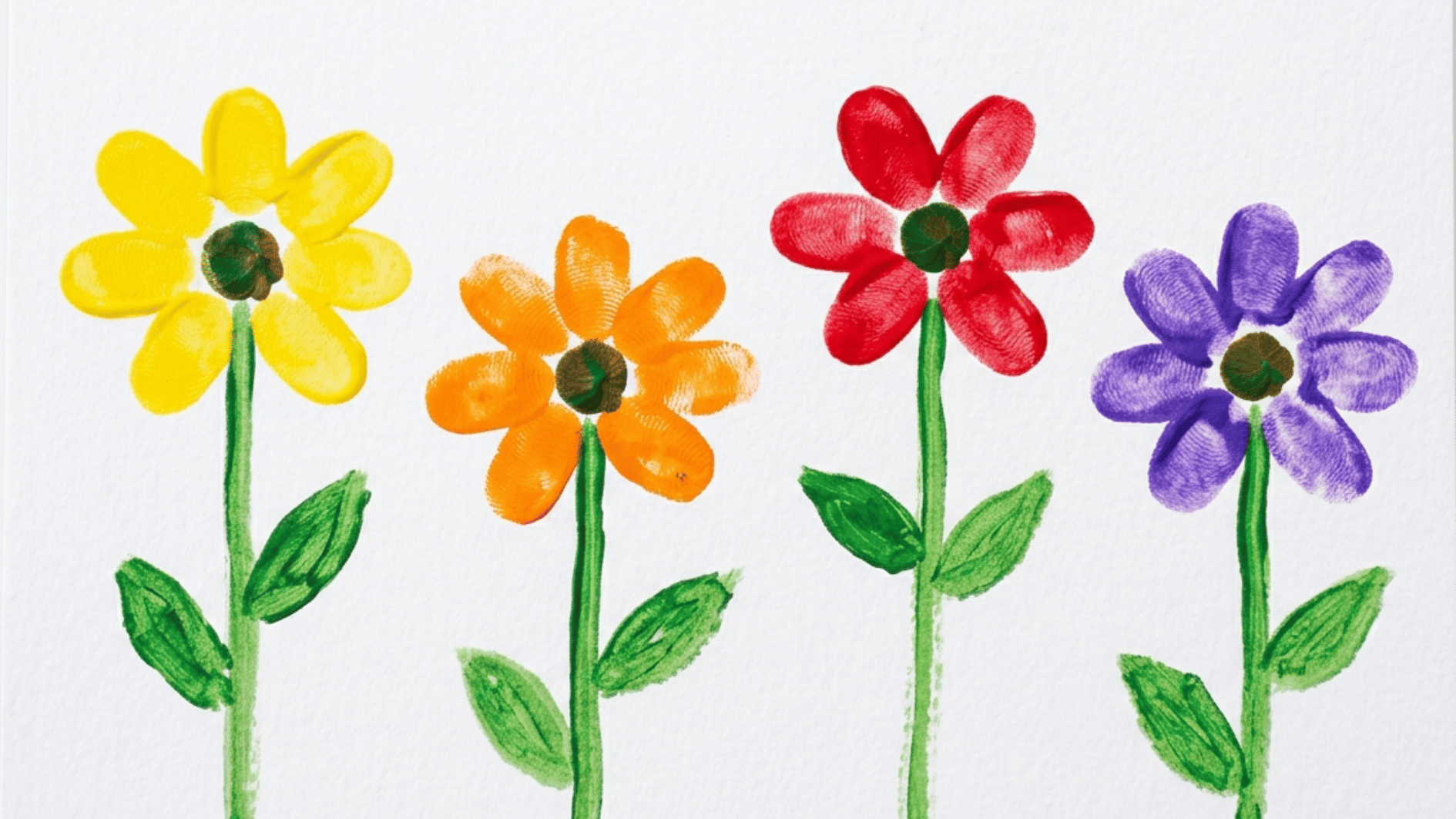 finger painted flowers in yellow orange red and purple with green stems and leaves
