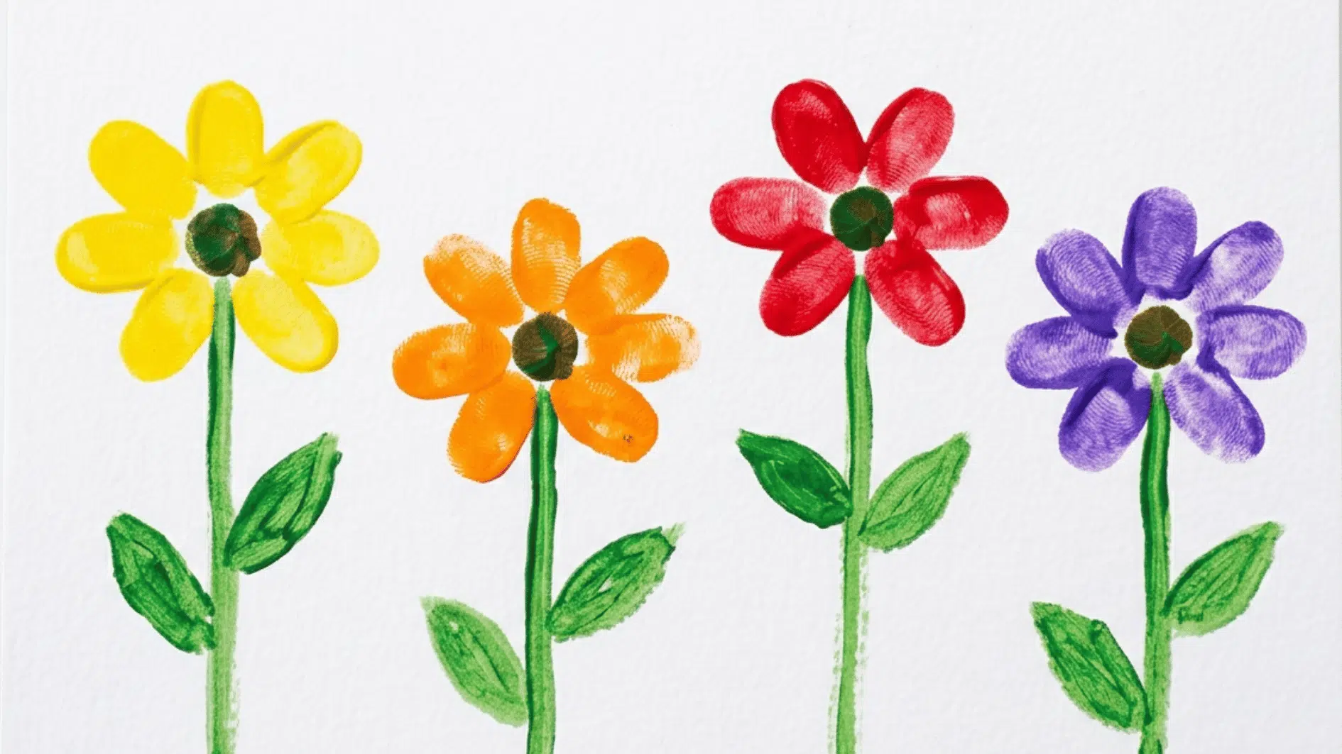 finger painted flowers in yellow orange red and purple with green stems and leaves