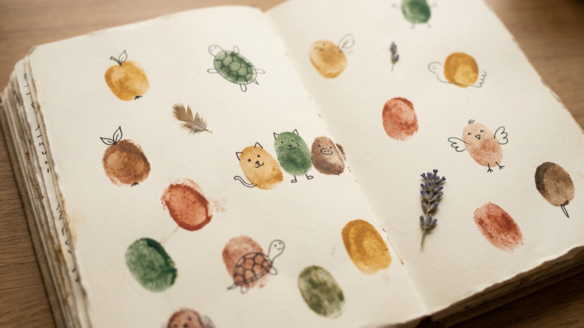 fingerprint animals and fruit in a journal