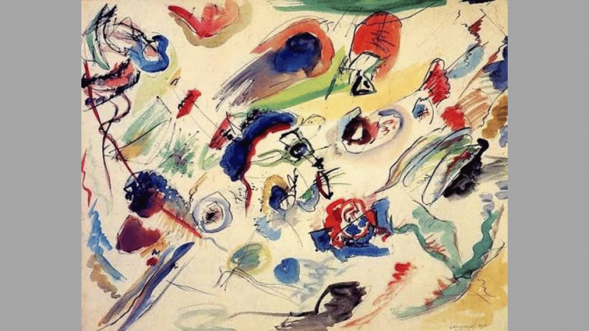 wassily kandinsky’s first abstract watercolor with loose red, blue, green, and black forms