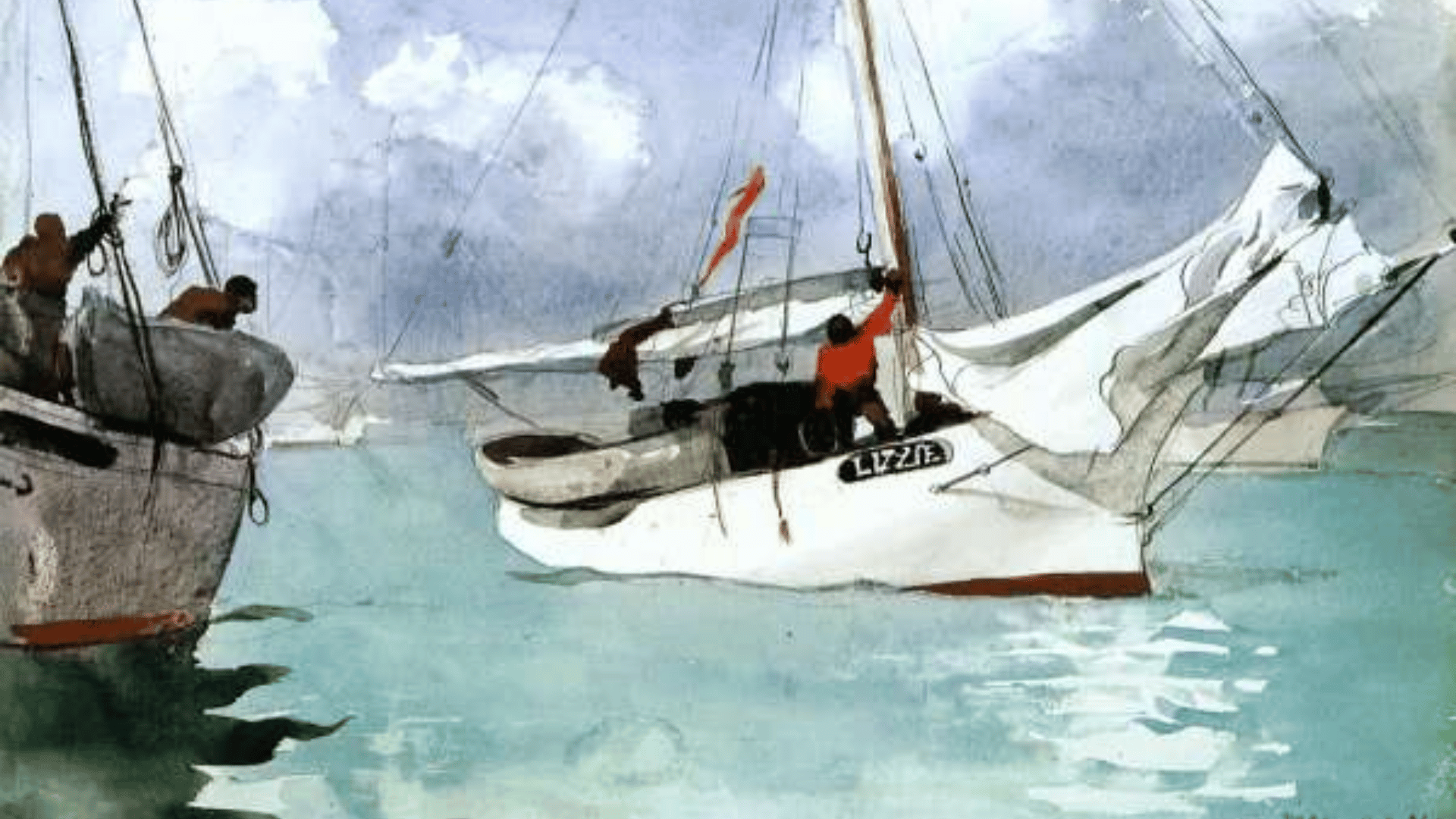 winslow homer’s fishing boats, key west watercolor showing sailboats on turquoise water under a cloudy sky