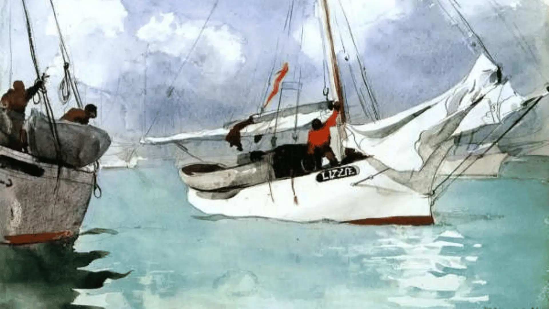 winslow homer’s fishing boats, key west watercolor showing sailboats on turquoise water under a cloudy sky