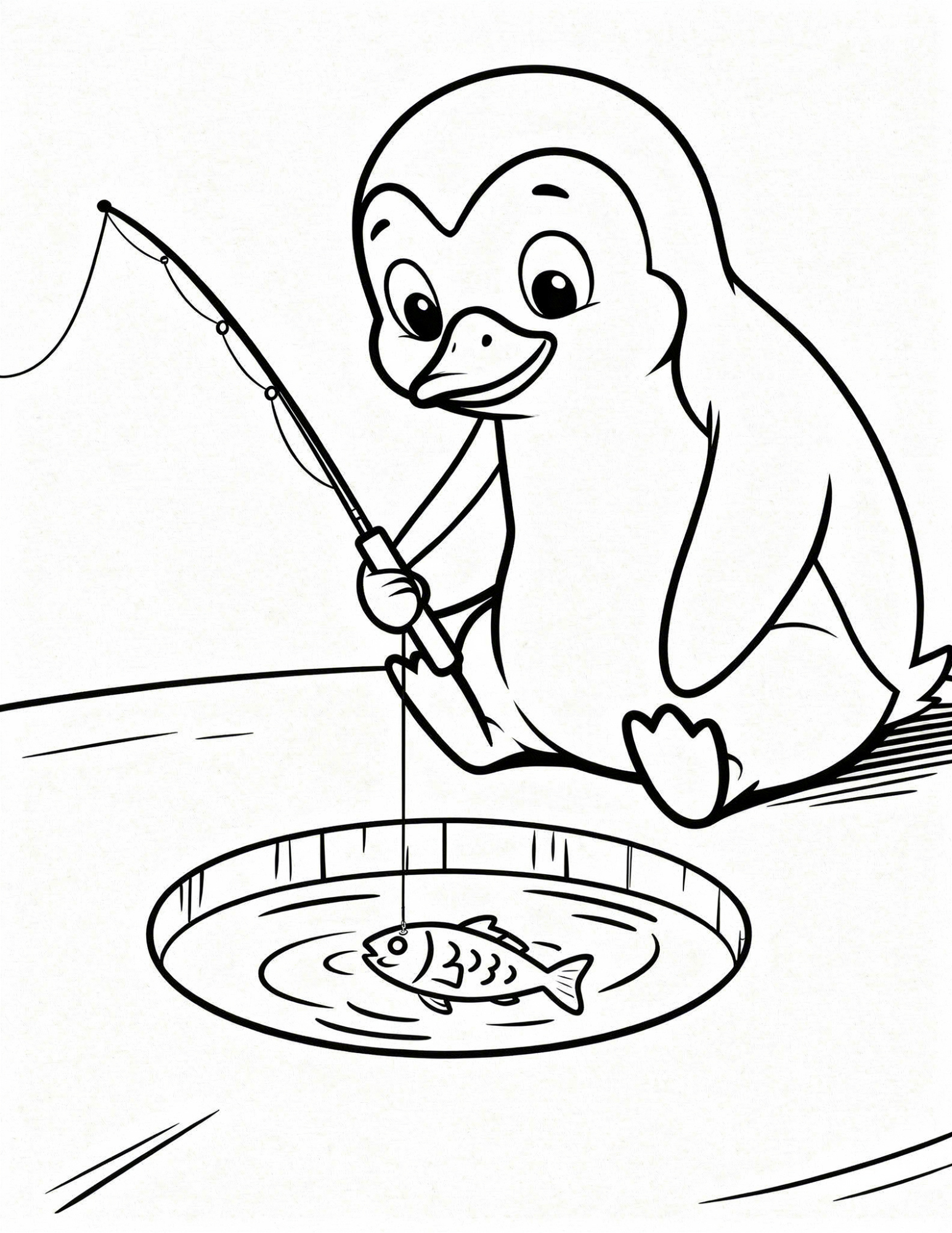 penguin fishing on ice hole calm winter scene coloring page outline