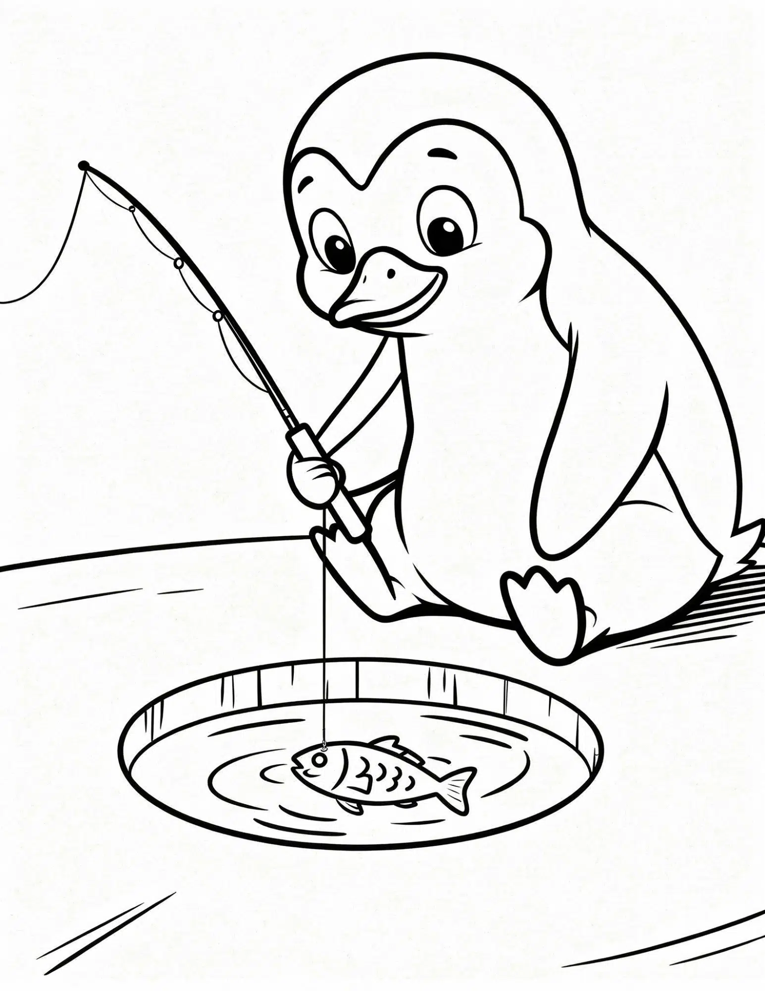 penguin fishing on ice hole calm winter scene coloring page outline