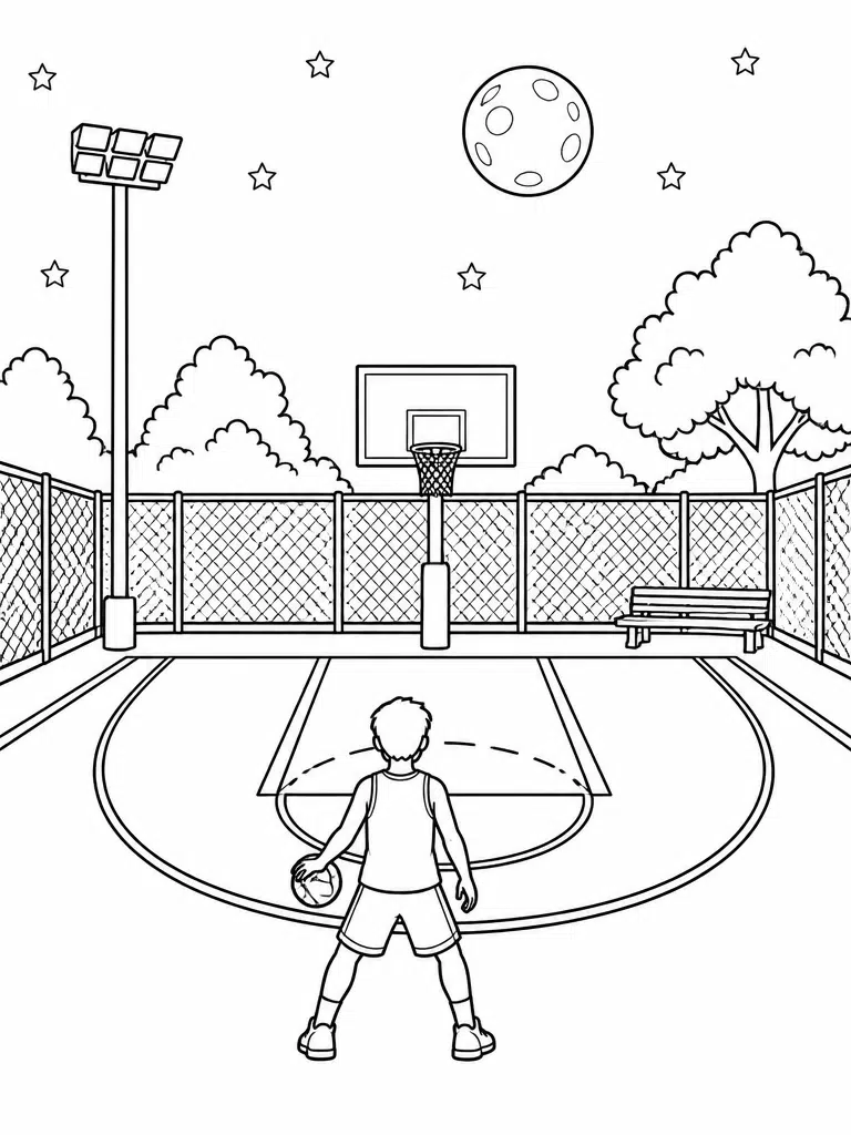 Night <echighlighted>basketball coloring page</echighlighted> with a floodlit court, moon and one player