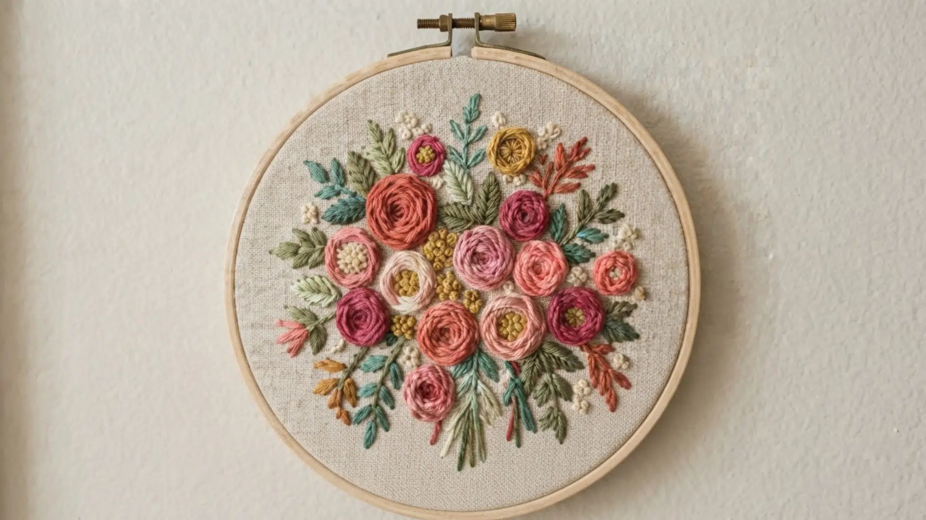 floral embroidery hoop art with colorful stitched flowers and leaves on natural fabric