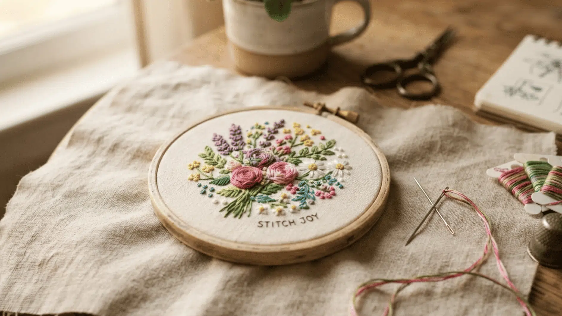 floral embroidery in a wooden hoop beside thread needles and scissors