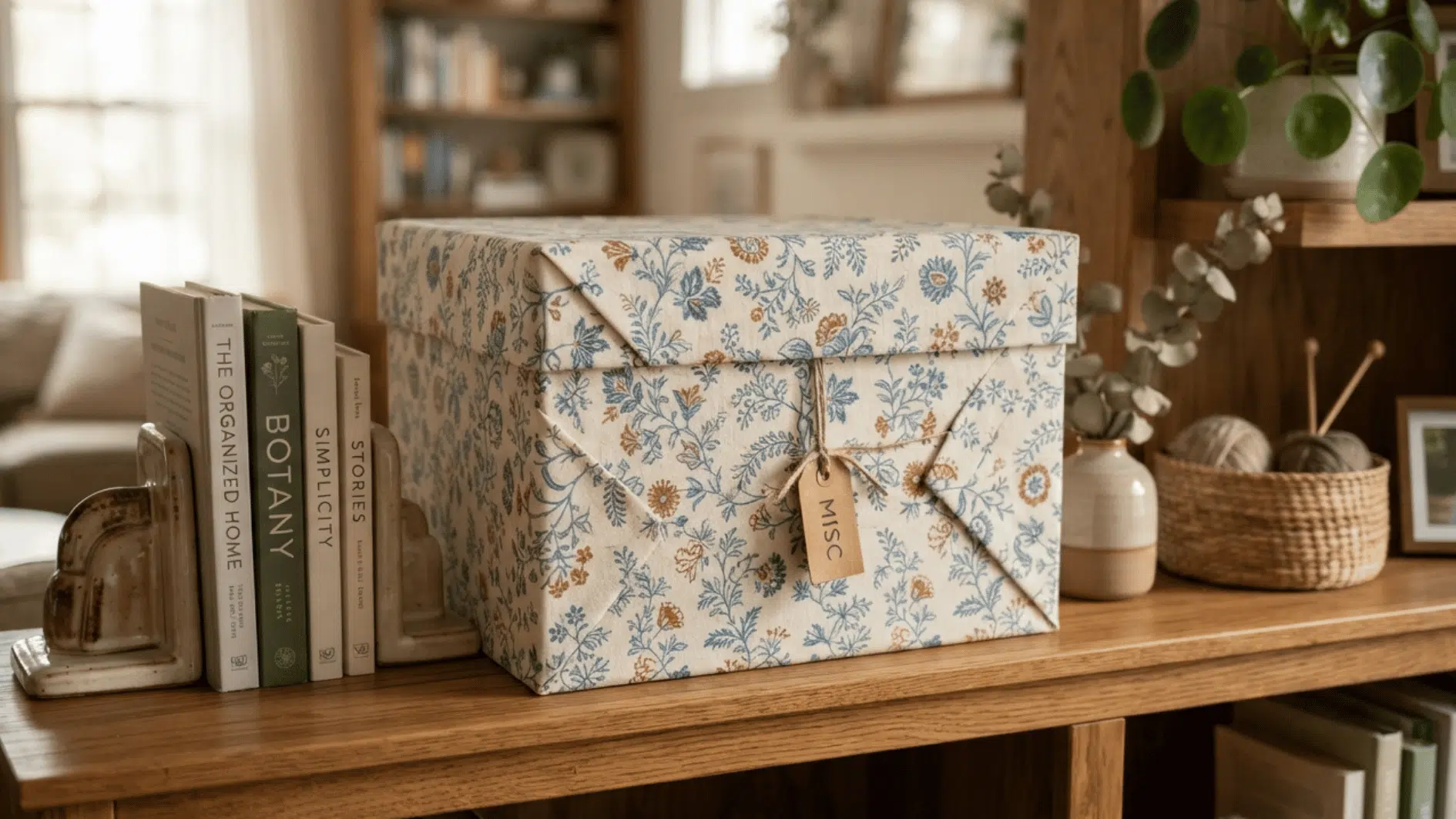 floral fabric covered storage box with a labeled tag displayed on a wooden shelf