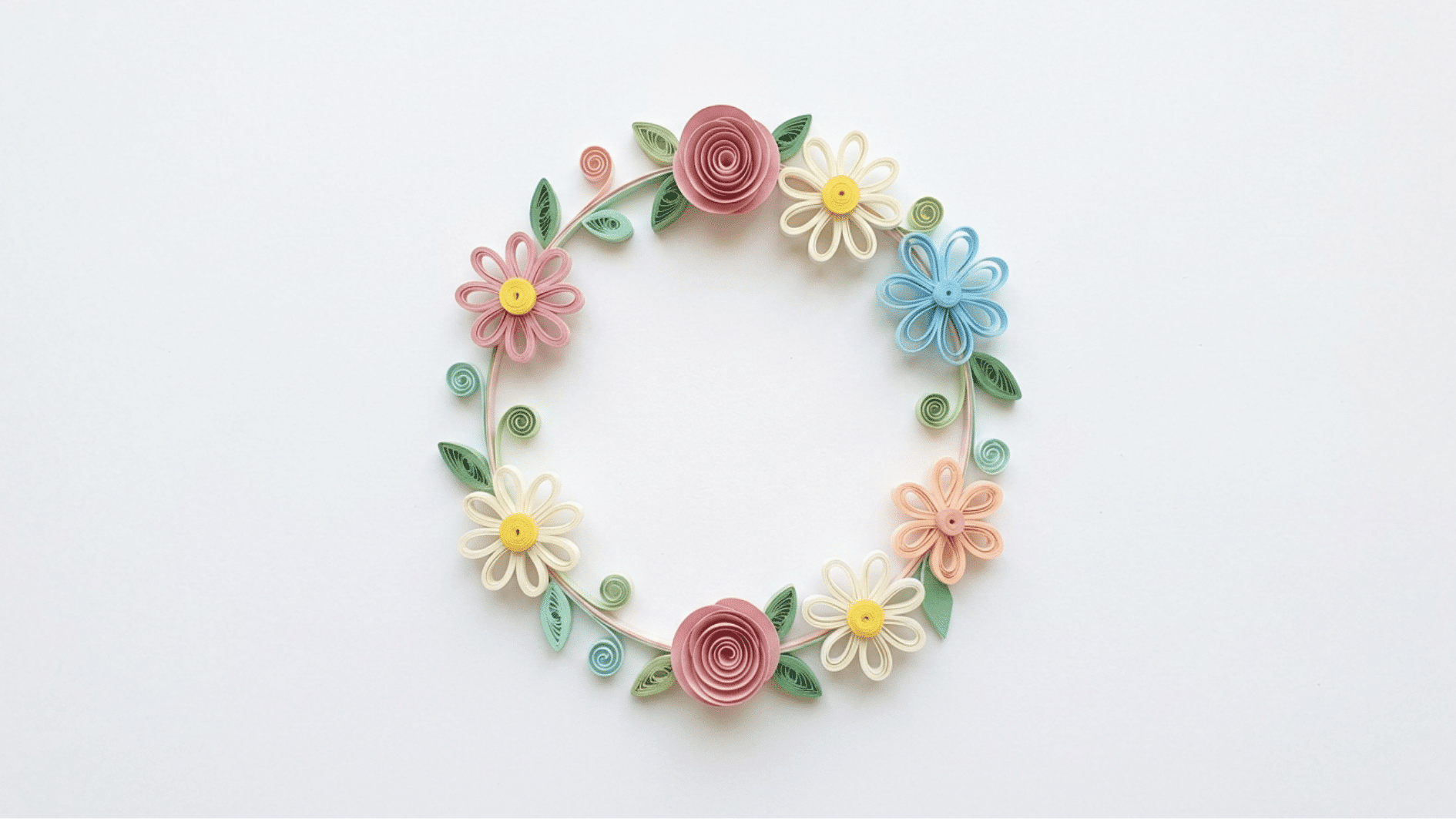 quilled paper floral wreath with roses daisies and blue flowers in a circular arrangement on white background