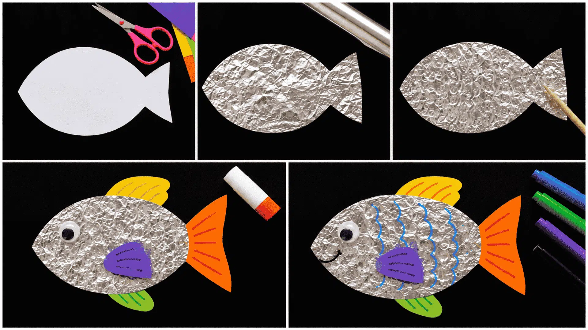 foil on a black background with paper fins and googly eye.