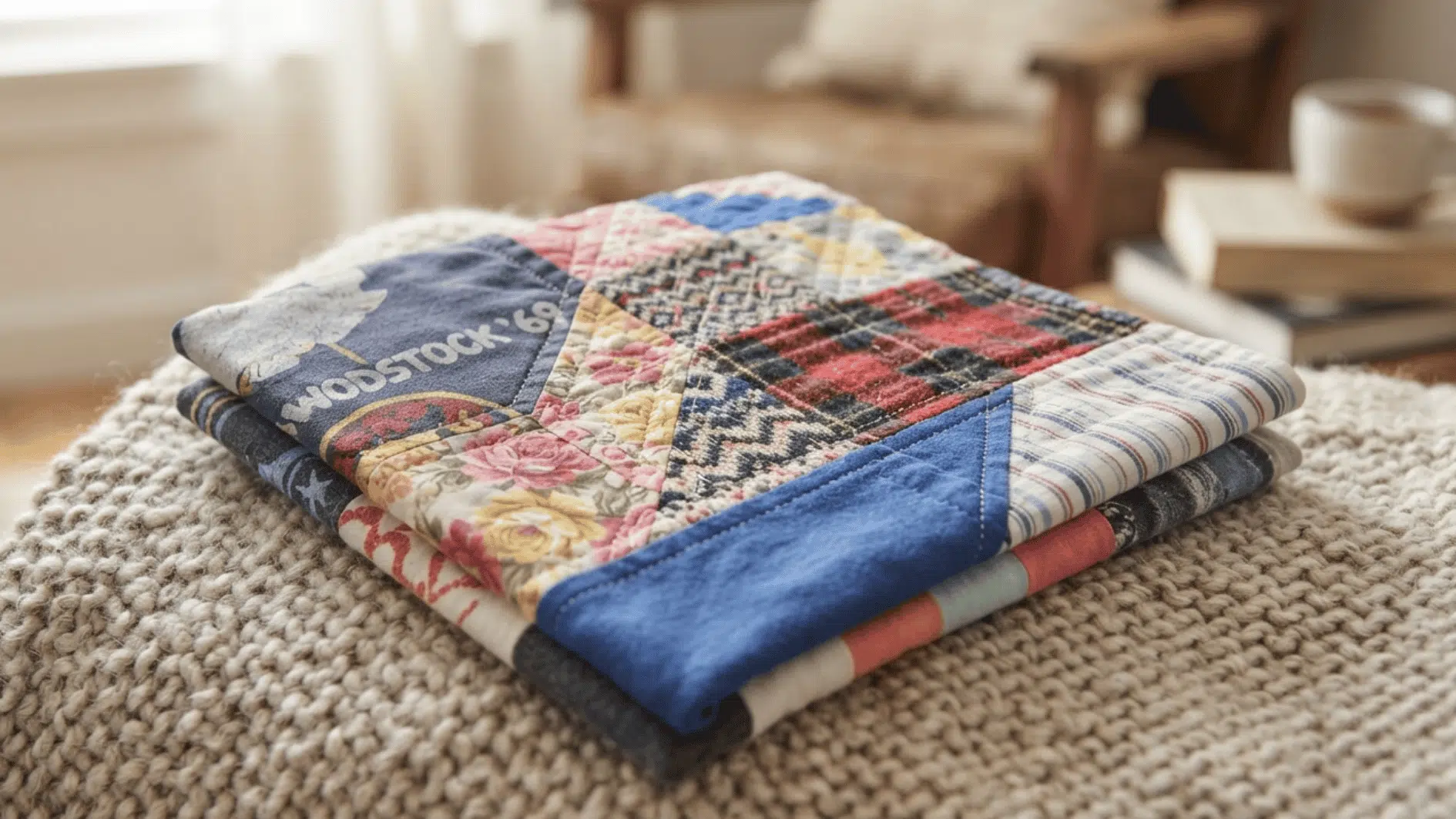 folded handmade memory quilt made from colorful patterned fabric pieces resting on a knitted blanket
