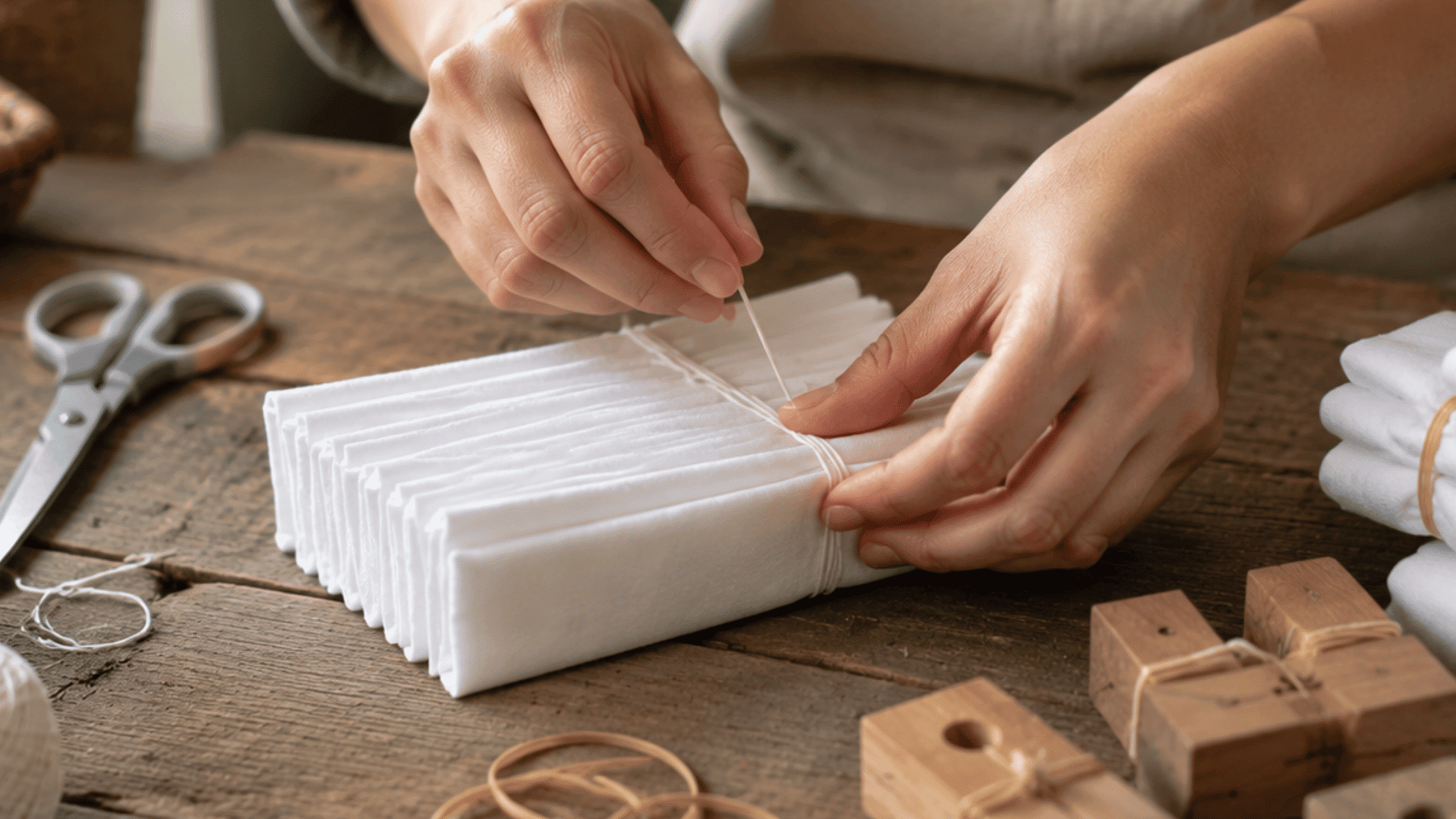 hands folding white cotton fabric into accordion folds for a beginner shibori dye project