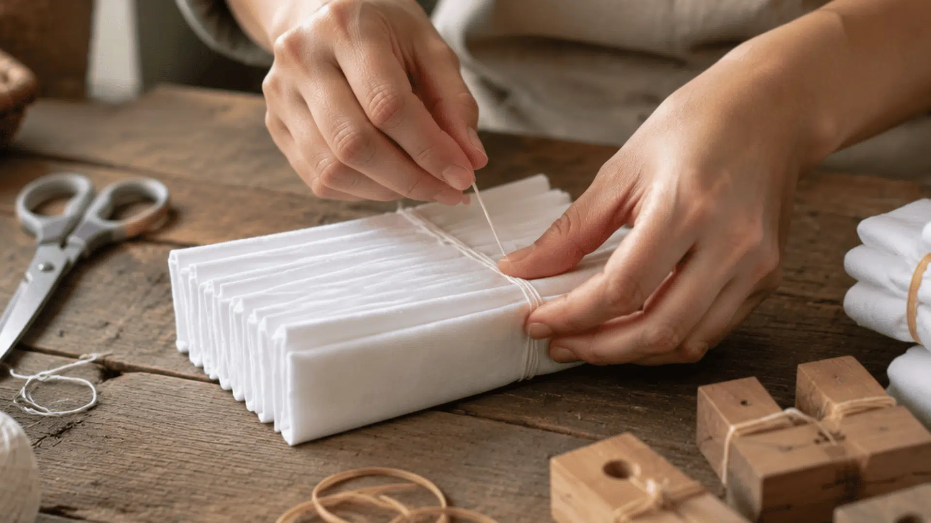 hands folding white cotton fabric into accordion folds for a beginner shibori dye project